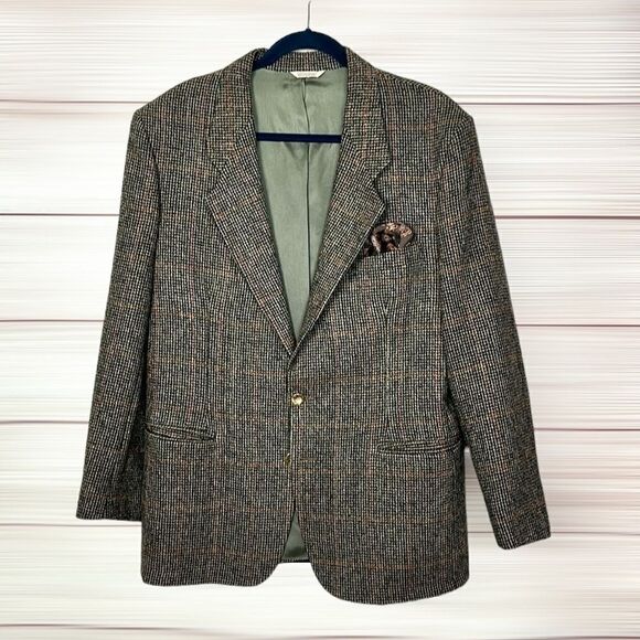 Vintage Mens Austin Grey Wool Sport Coat Houndstooth Black Tan Two Button 42R - Picture 1 of 12